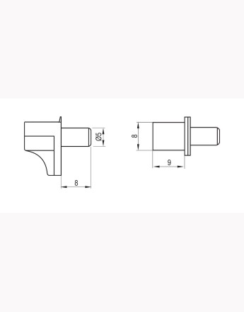 Shelf supports pegs, studs clear with metal pin, 5 mm hole