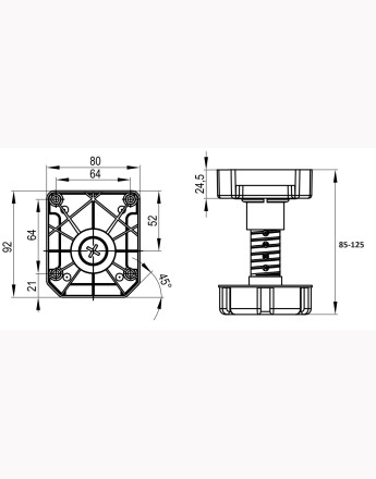 Heavy duty plastic black adjustable plinth feet leg, up to 450, 50-75mm, 65-85mm, 85-125mm and 125-195mm