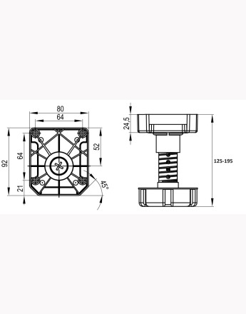 Heavy duty plastic black adjustable plinth feet leg, up to 450, 50-75mm, 65-85mm, 85-125mm and 125-195mm