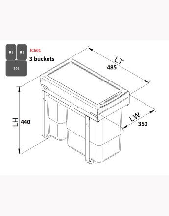 Kitchen waste bin - soft close - 400mm cabinet - 3 compartments (JC601)