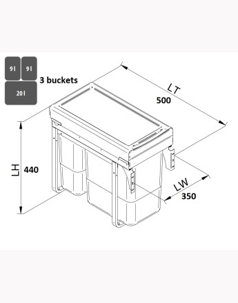 Kitchen waste bin - soft close - 400mm cabinet - 3 compartments (JC601)