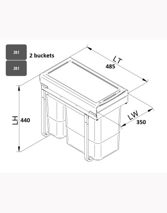 Kitchen waste bin - soft close - 400mm cabinet - 2 compartments (JC602)