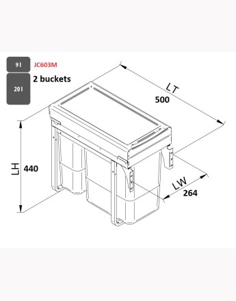 Kitchen waste bin - soft close - 300mm cabinet - 2 compartments (JC603)