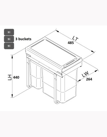 Kitchen waste bin - soft close - 300mm cabinet - 3 compartments (JC604)