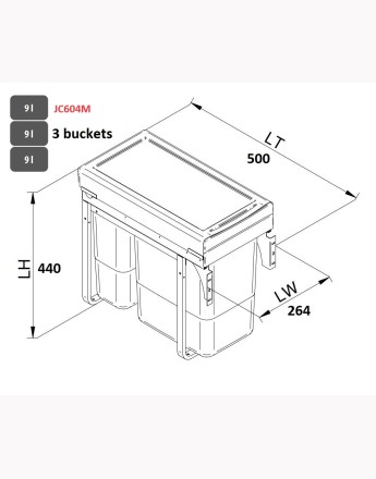 Kitchen waste bin - soft close - 300mm cabinet - 3 compartments (JC604)